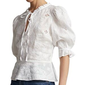 Polo Ralph Lauren 100% Linen Embroidered Peplum Blouse